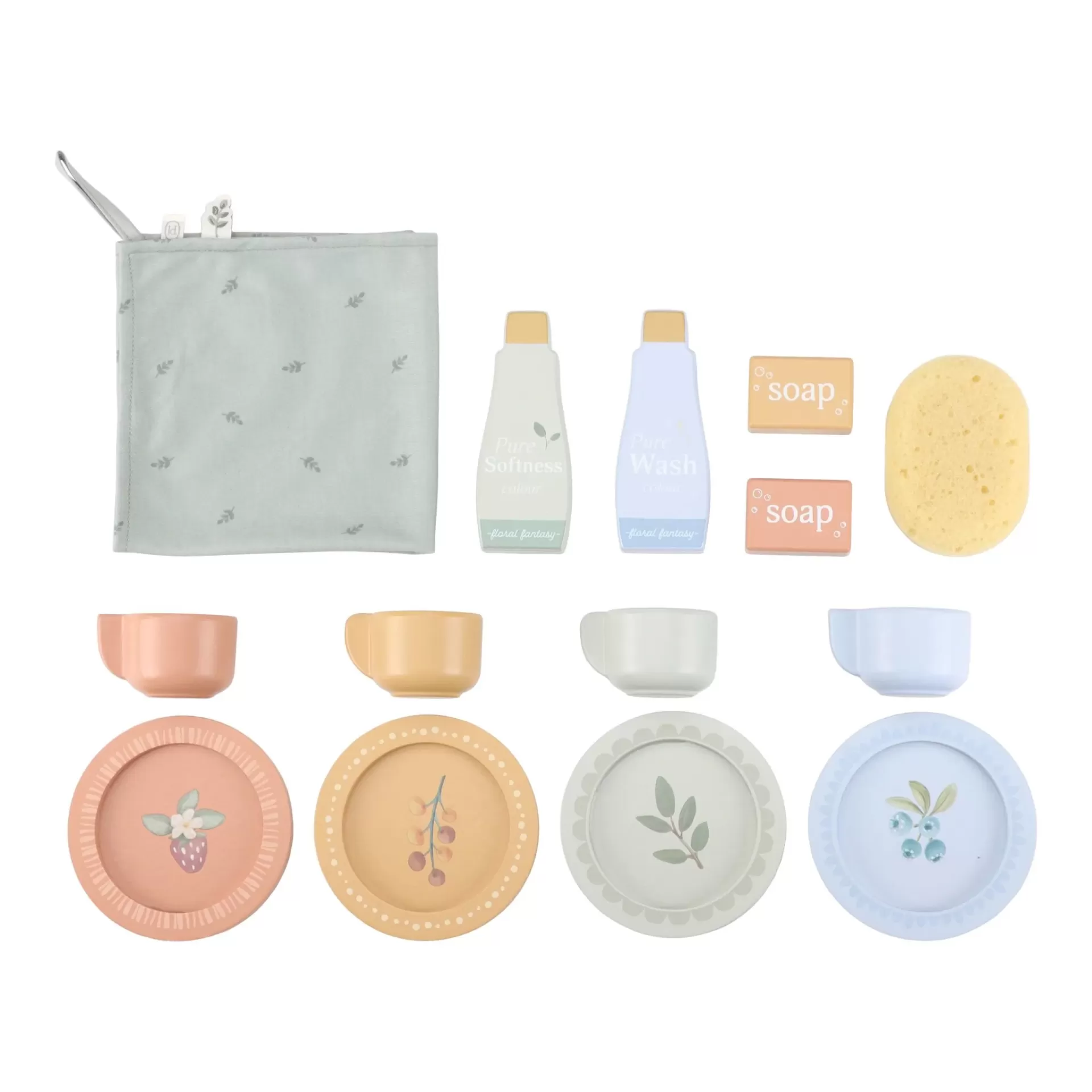 Conjunto de loiça infantil com pratos, chávenas, garrafas decorativas, sabonetes, esponja e toalha cinza com padrão