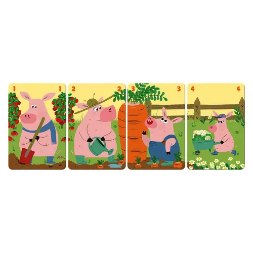 Quatro cartas ilustradas com porcos na horta, numeradas de 1 a 4.
