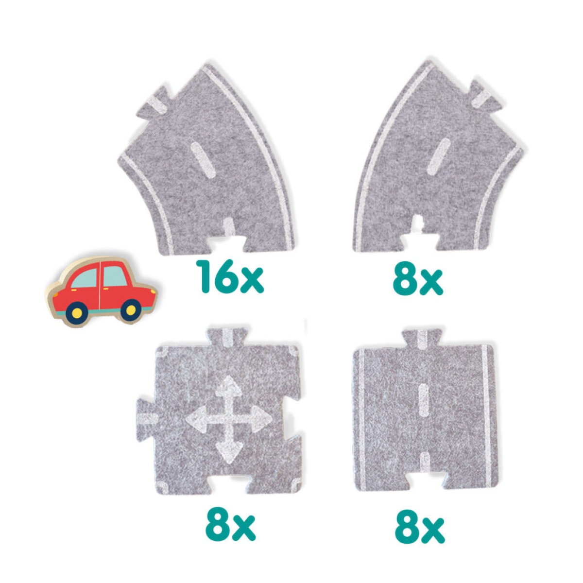 Peças de estrada de tecido cinzento com padrões brancos e carro vermelho de madeira