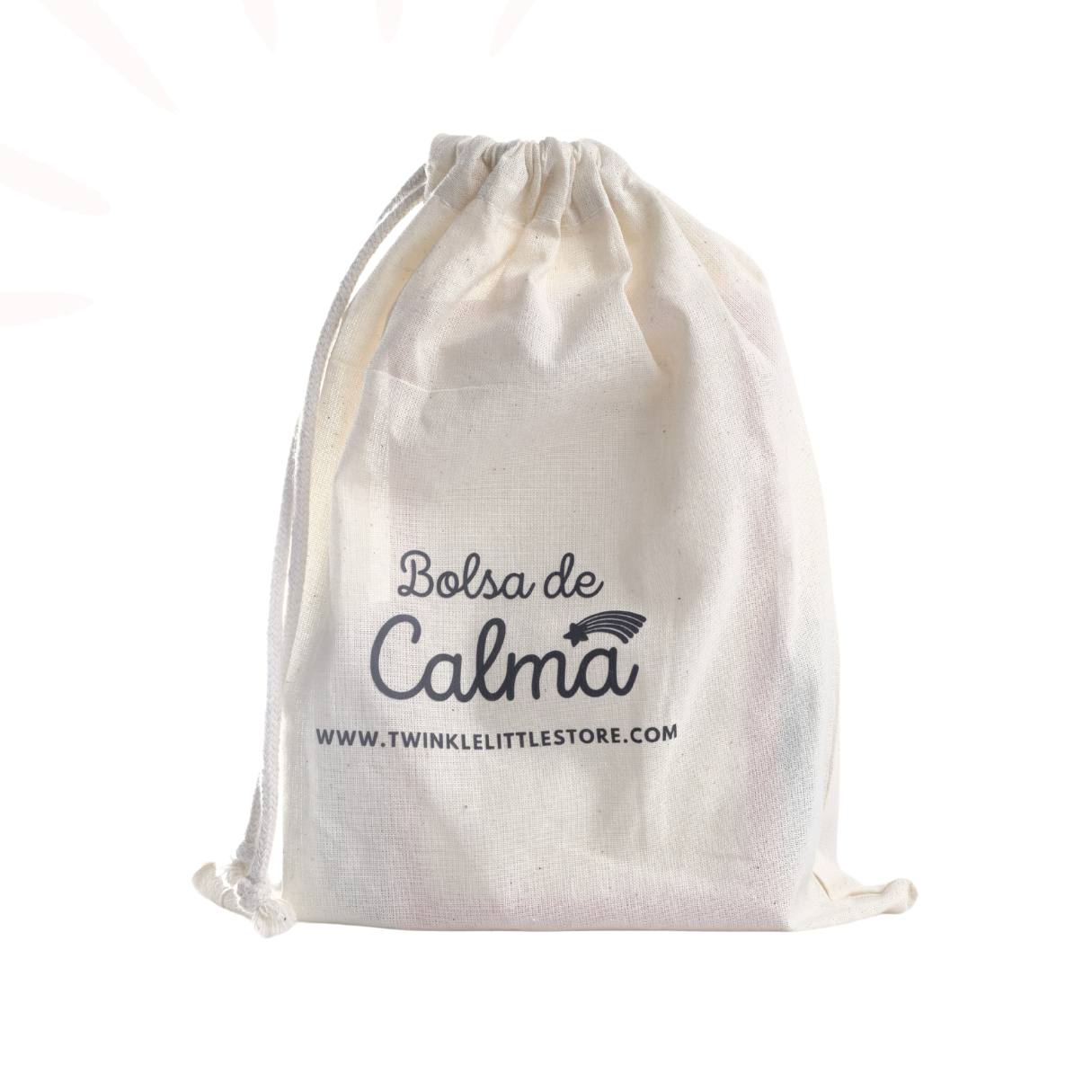 Bolsa branca de tecido com cordão e texto impresso