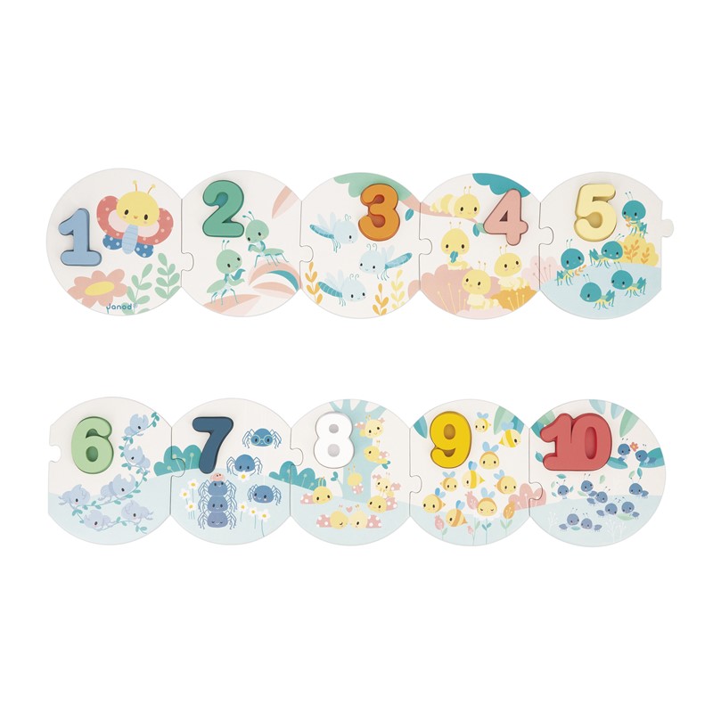 Puzzle infantil com números e animais, 10 peças interligadas