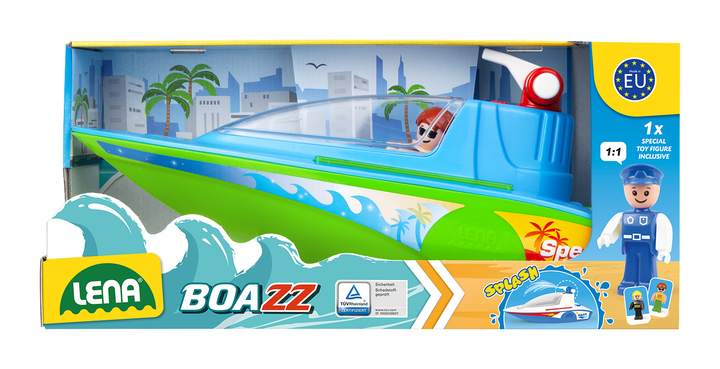 Barco de brinquedo azul e verde na embalagem com ilustração de palmeiras e cidade