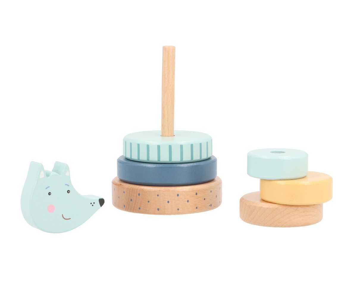 Brinquedo de madeira com anéis coloridos e peça em forma de cabeça de animal