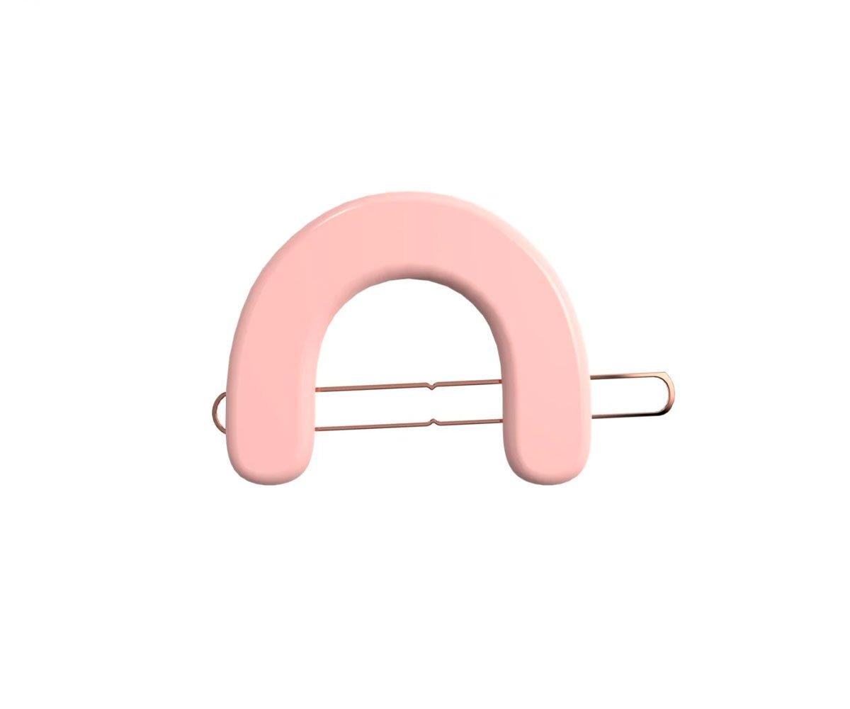 Presilha de cabelo rosa em forma de arco com estrutura metálica dourada