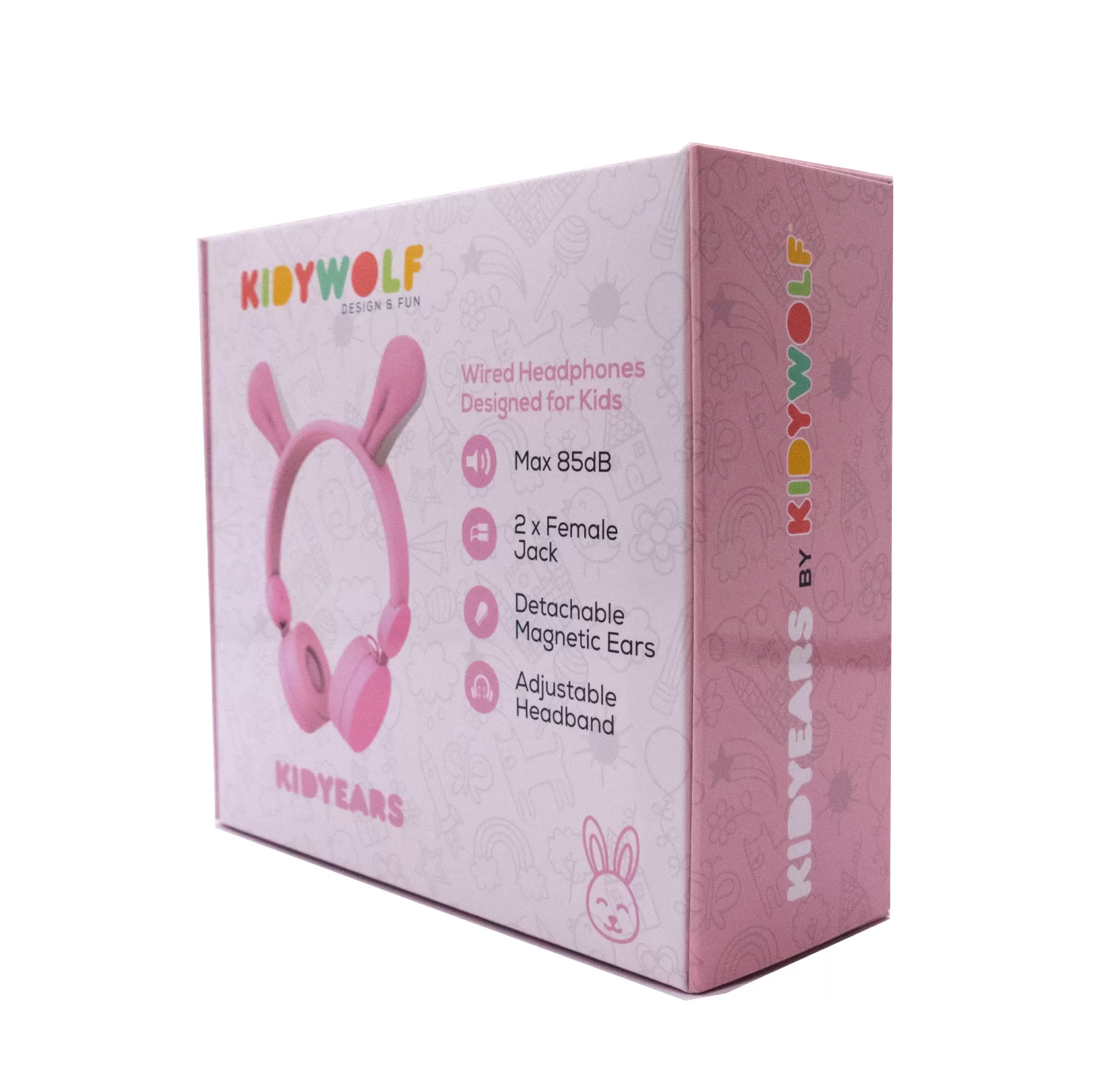 Embalagem rosa de auriculares com design divertido para crianças da KIDYWOLF