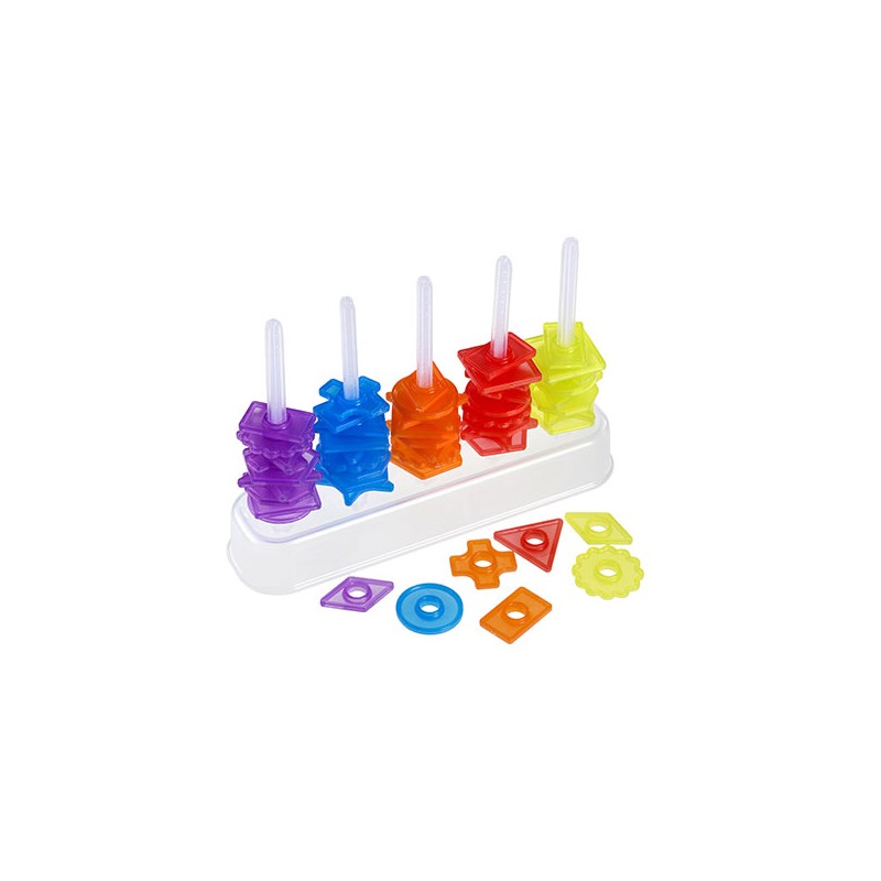 Peças geométricas coloridas em suportes verticais brancos