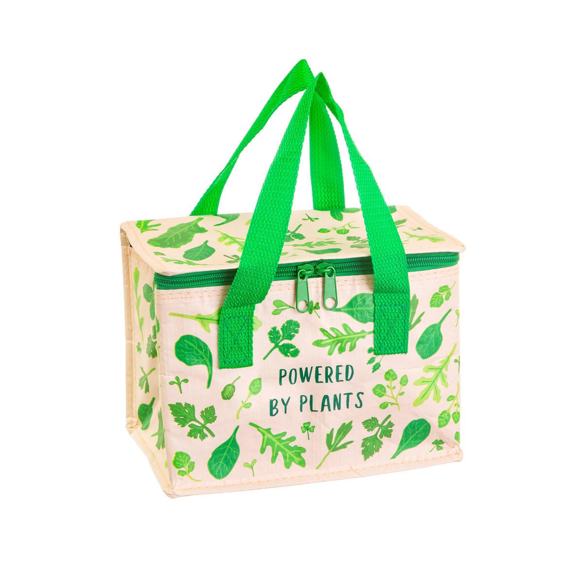 Saco térmico bege com alças verdes e padrão de folhas e texto POWERED BY PLANTS