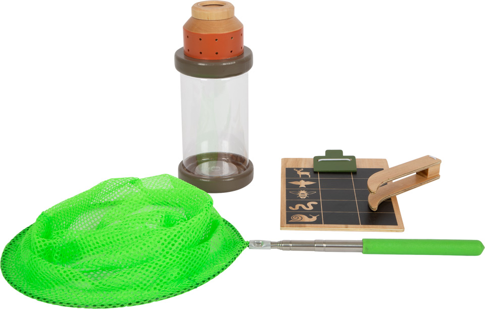 Conjunto de brinquedo de exploração com rede verde, recipiente transparente e placa de madeira com desenhos