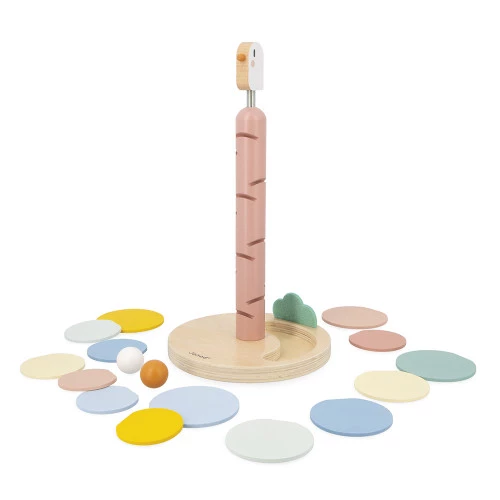 Brinquedo educativo de madeira com base redonda e discos coloridos