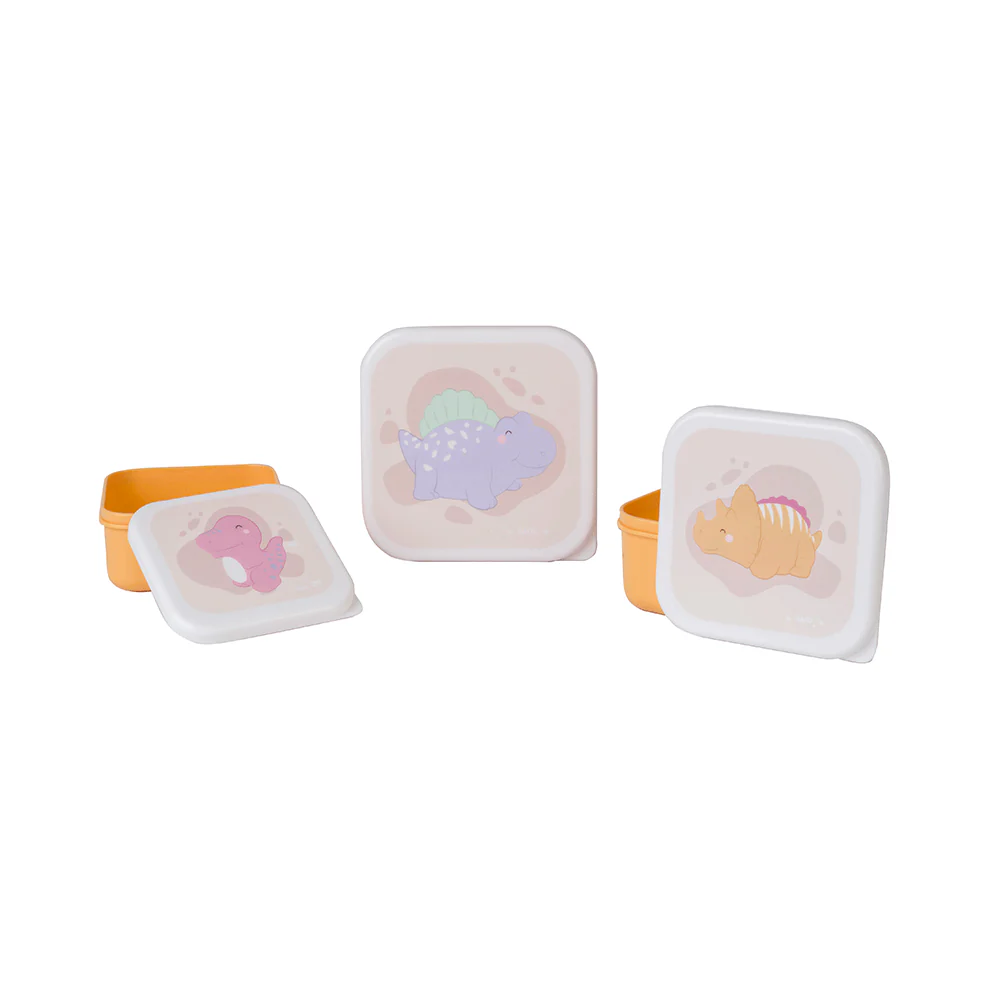 Conjunto de recipientes plásticos quadrados com tampas ilustradas de dinossauros