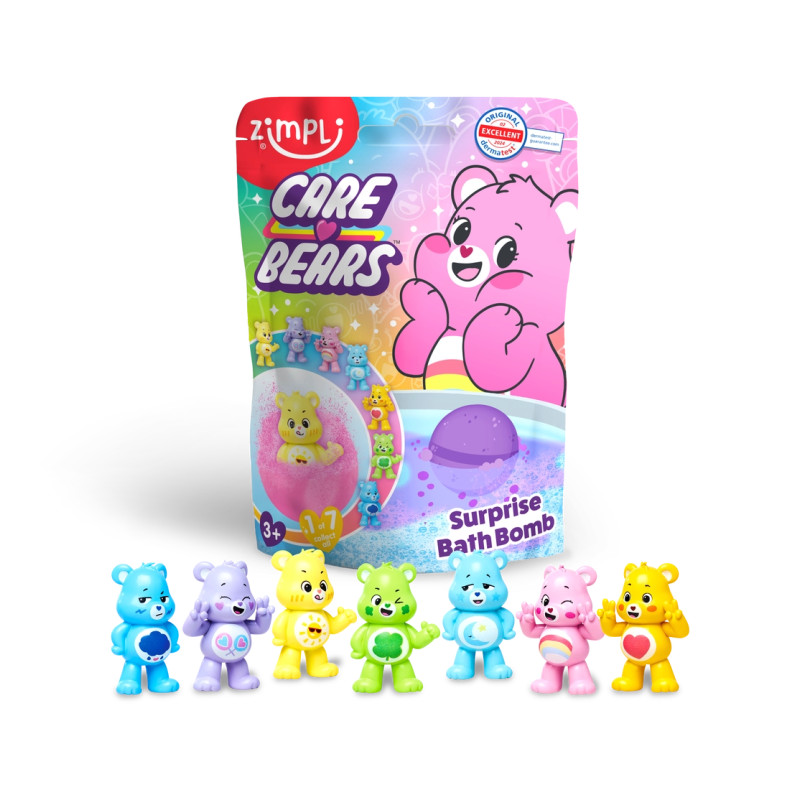 Embalagem Zimpli Care Bears com bolas efervescentes para banho e sete bonecos Care Bears coloridos
