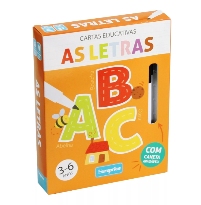 Caixa de cartas educativas 'AS LETRAS' com letras A, B, C coloridas e caneta apagável
