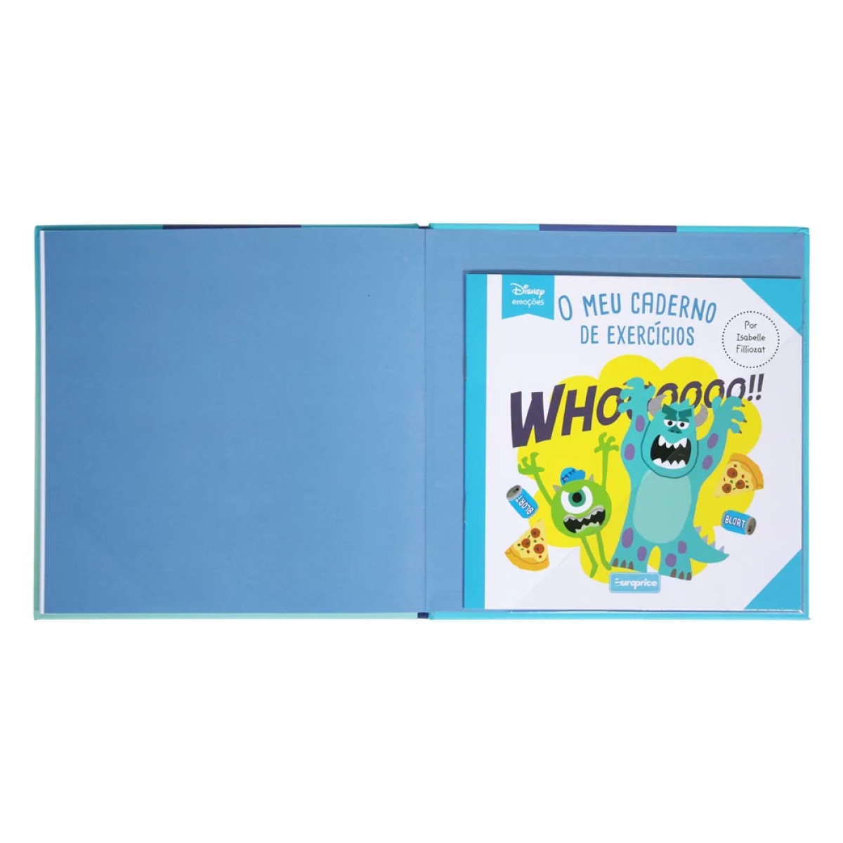 Livro de exercícios infantil da Disney Pixar com personagens Monstros em capa azul e detalhes em amarelo