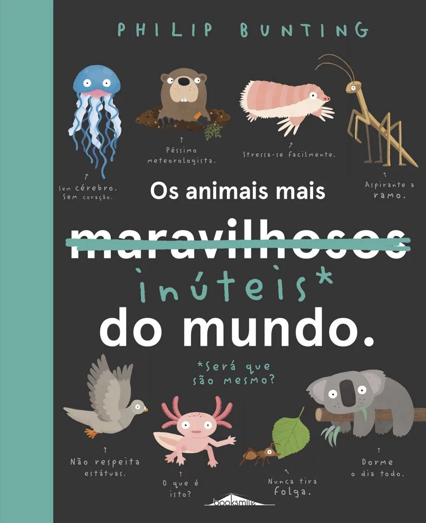 Capa de livro com ilustrações de animais e texto em português sobre fundo cinzento escuro
