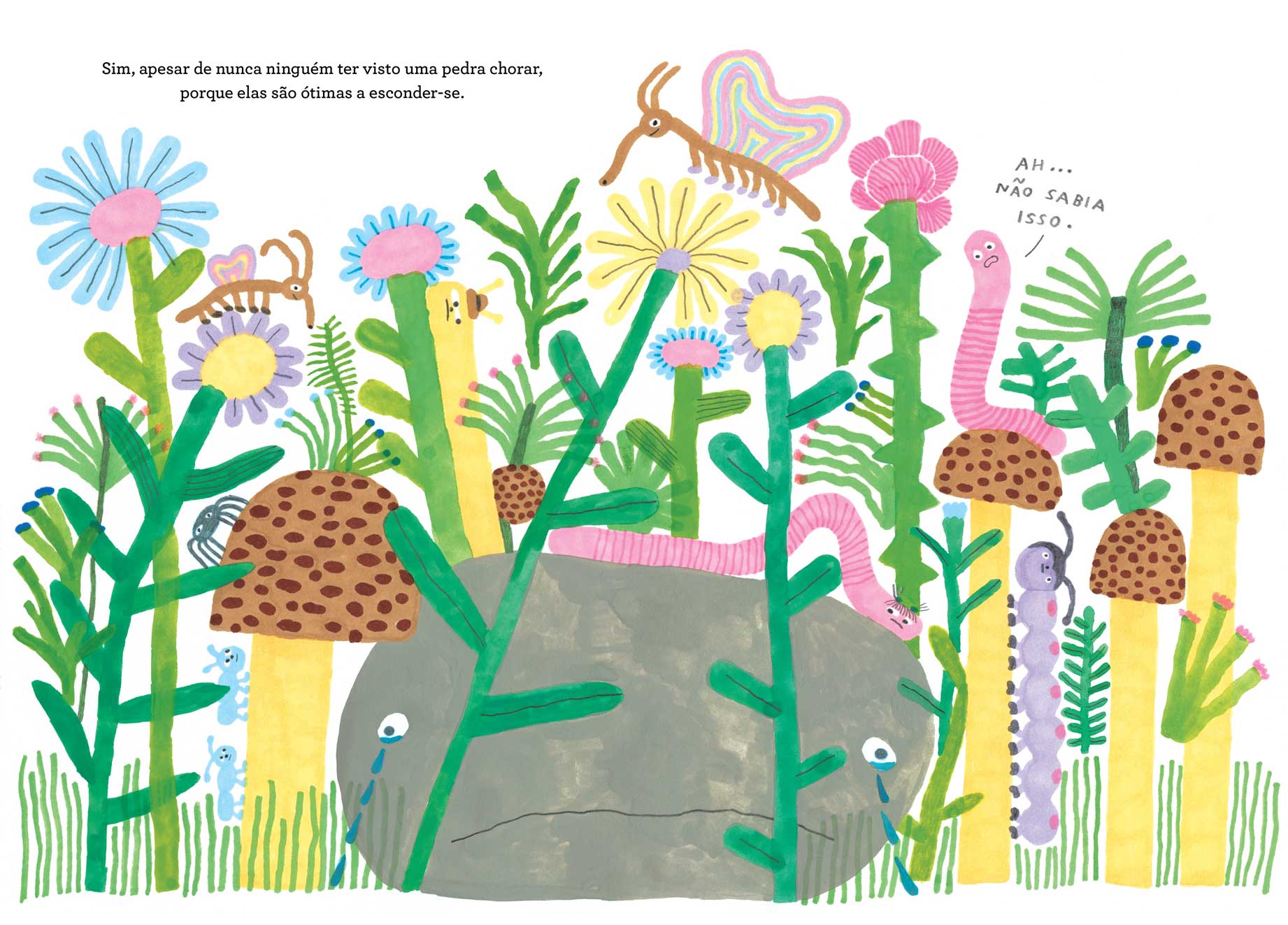 Ilustração de pedra cercada por cogumelos, flores, plantas e insetos coloridos com texto em português