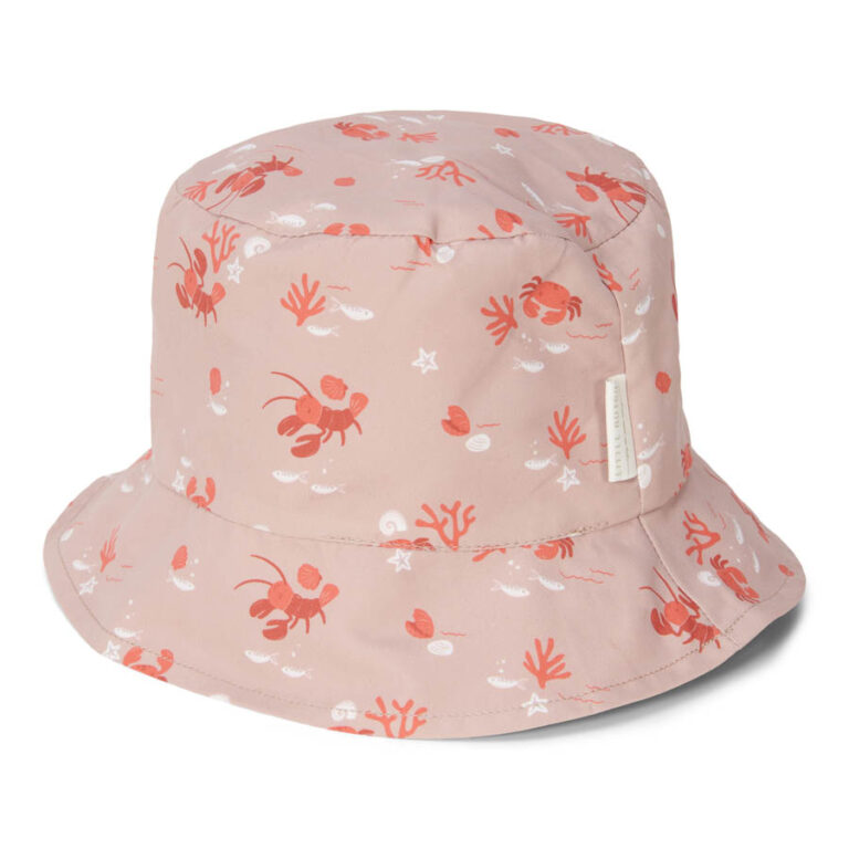 Chapéu de balde infantil rosa claro com padrões marinhos vermelhos e brancos