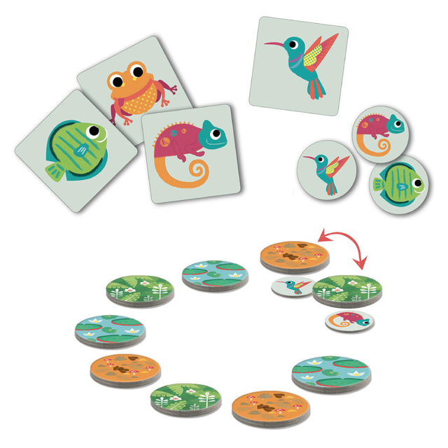 Jogo de cartas e fichas com desenhos de animais coloridos