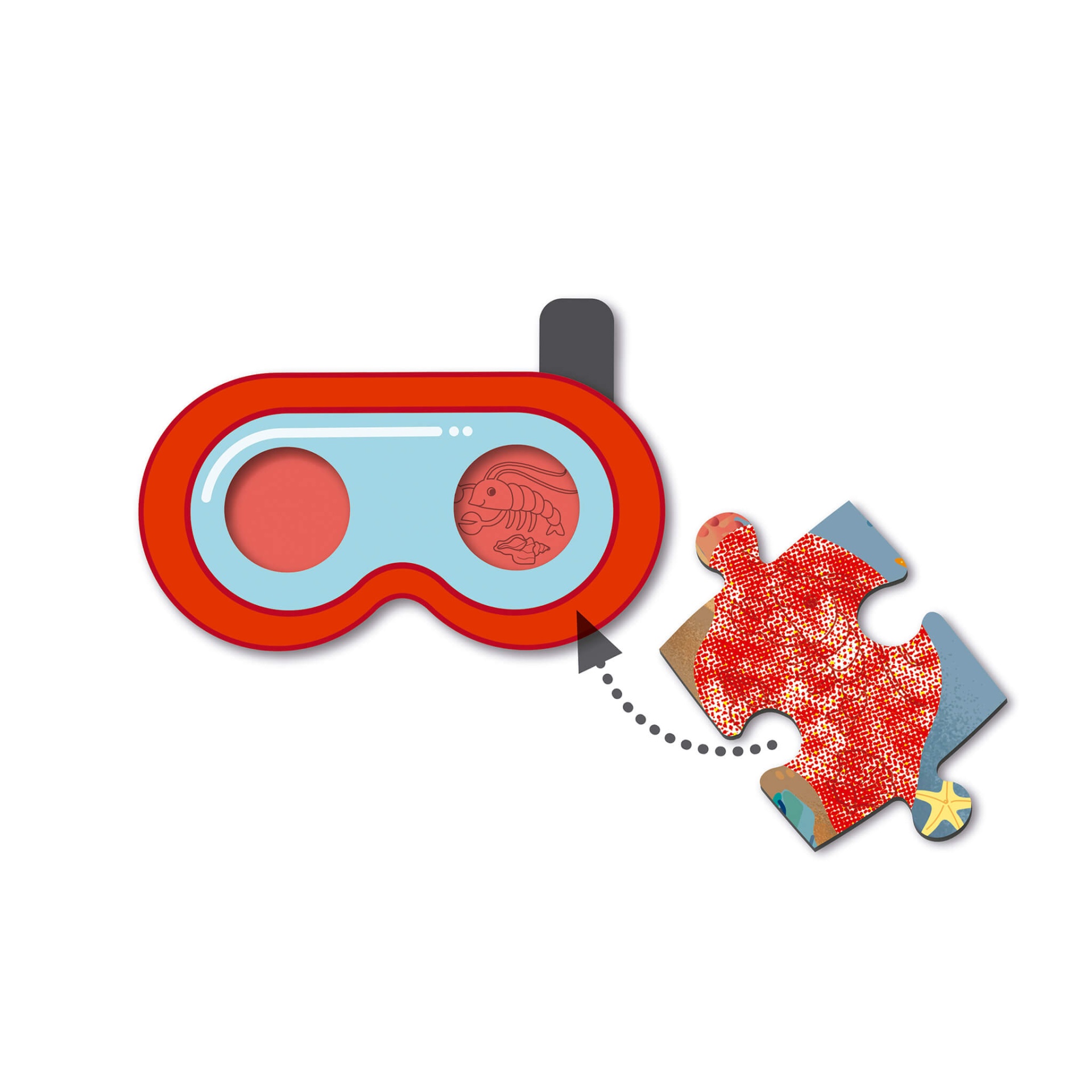 lupa vermelha com lente azul e peça de puzzle vermelha com estrelas