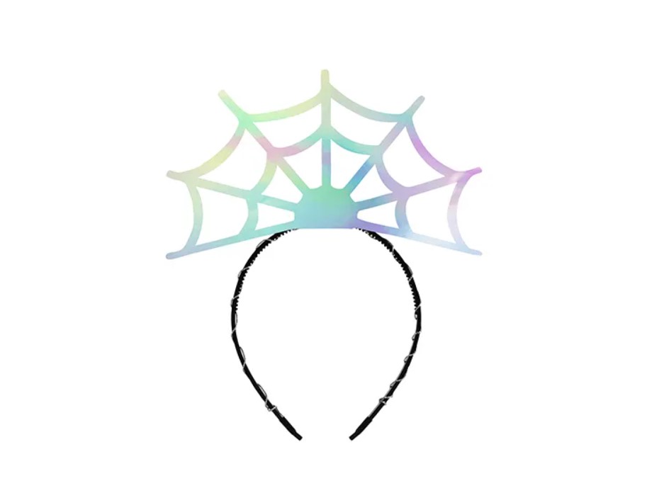 Aro de cabelo preto com teia de aranha colorida em tons pastel