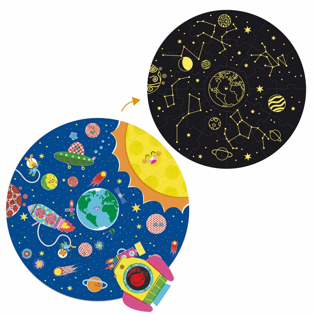 Imagem com desenhos coloridos de espaço e constelações em fundo preto