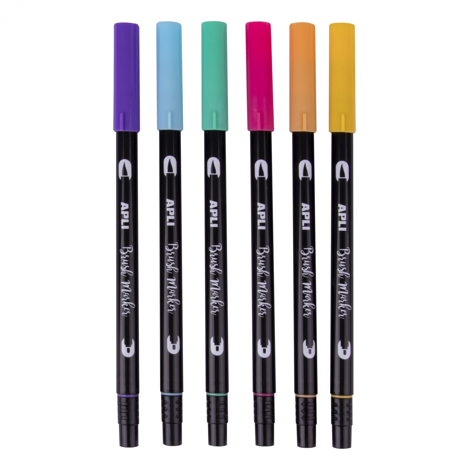 Conjunto de seis marcadores APLI Brush Marker com tampas coloridas