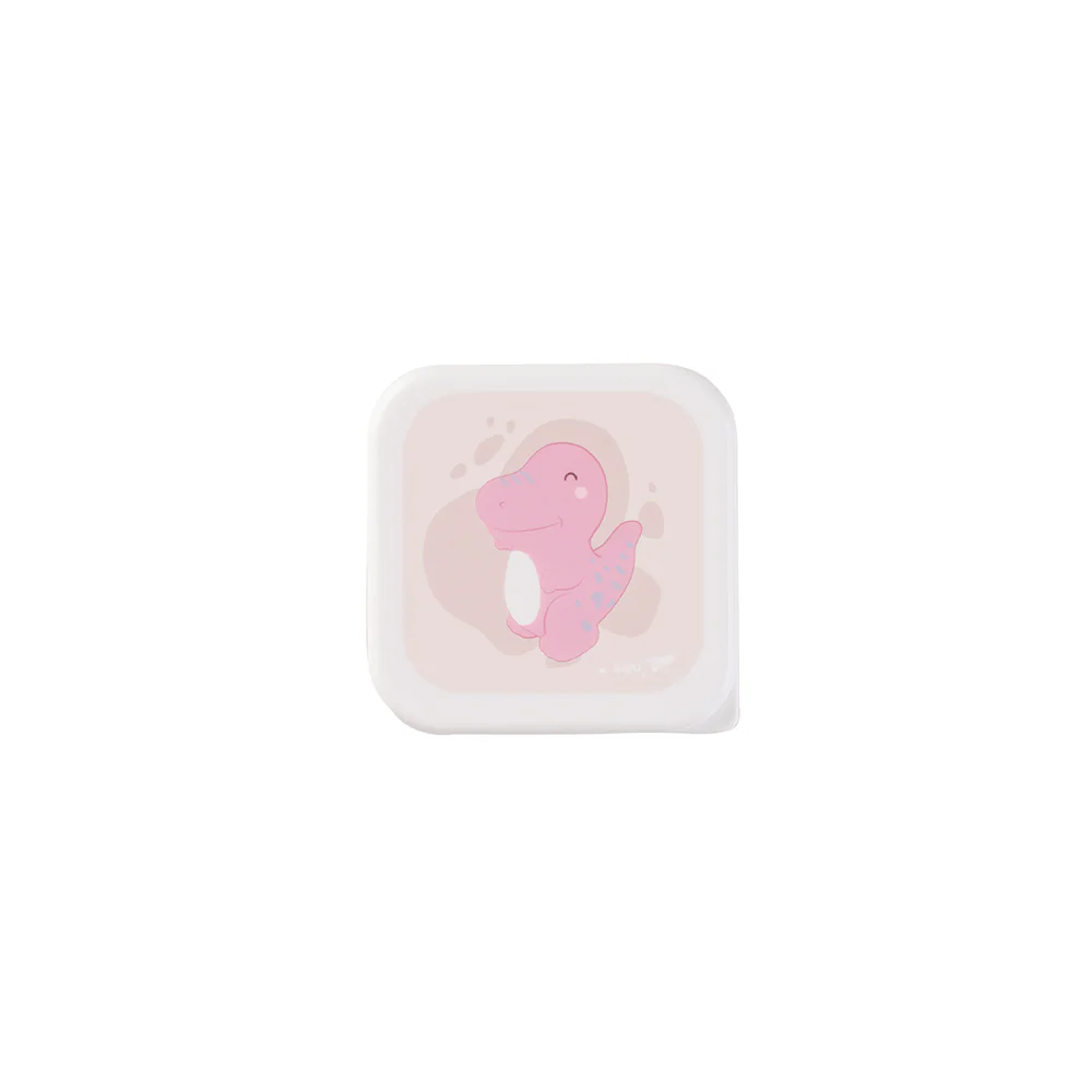 Produto quadrado branco com desenho de dinossauro rosa