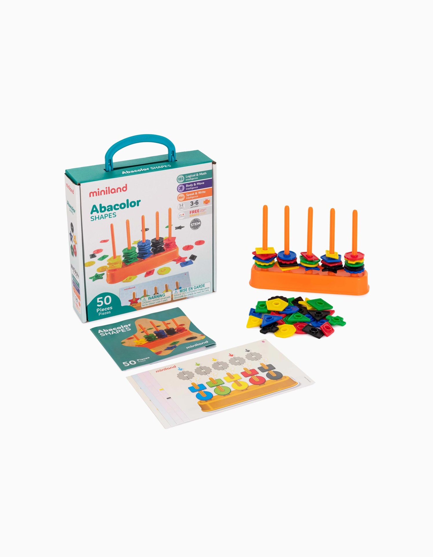 Jogo educativo Miniland Abacolor Shapes com peças coloridas e base laranja