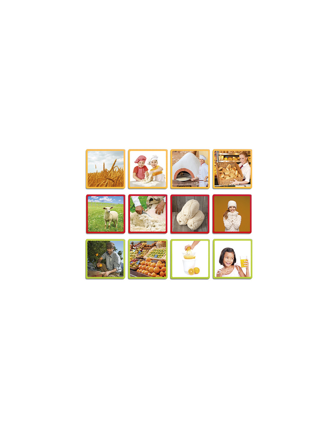 Colagem de imagens sobre agricultura e culinária mostrando trigo, crianças, pão, ovelhas, agricultor, ovos e leite.