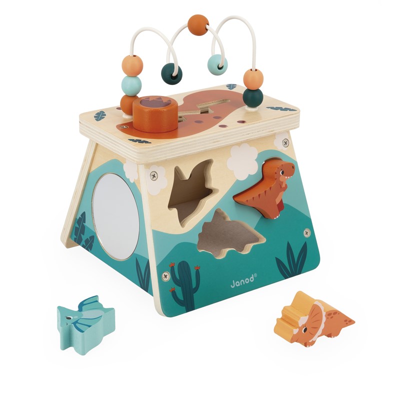 Brinquedo piramidal de madeira com contas e figuras de dinossauros coloridos