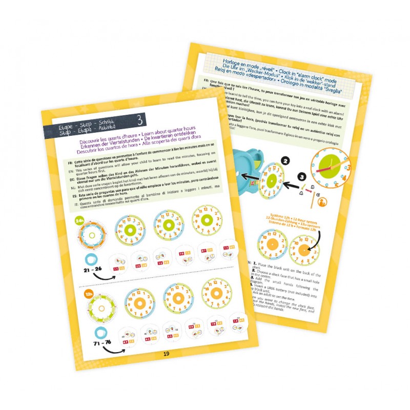 Folhetos amarelos com instruções e imagens de relógios e dials.