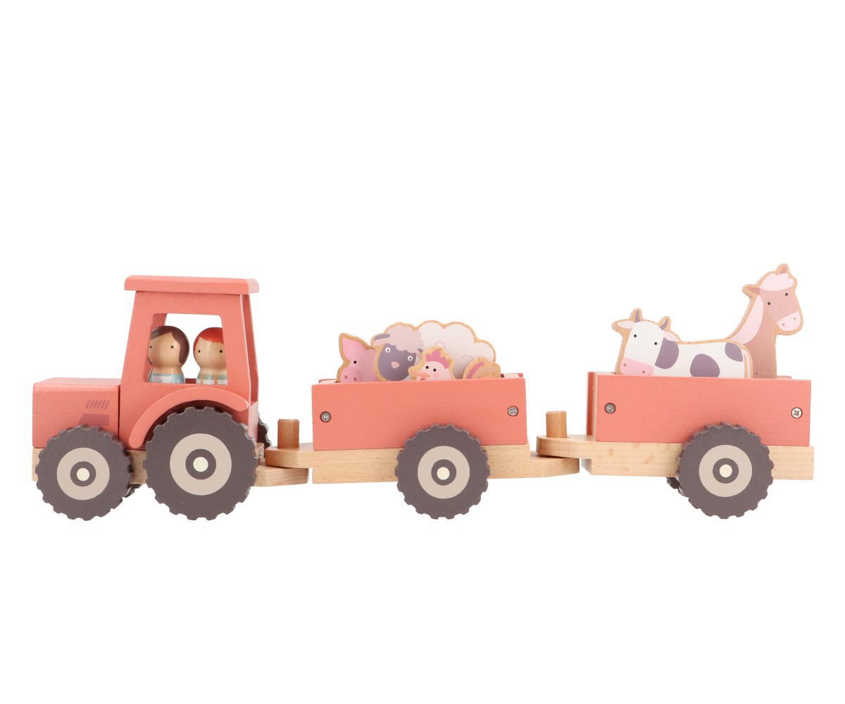 Brinquedo de madeira trator cor de rosa com carrinhas e figuras de animais e pessoas