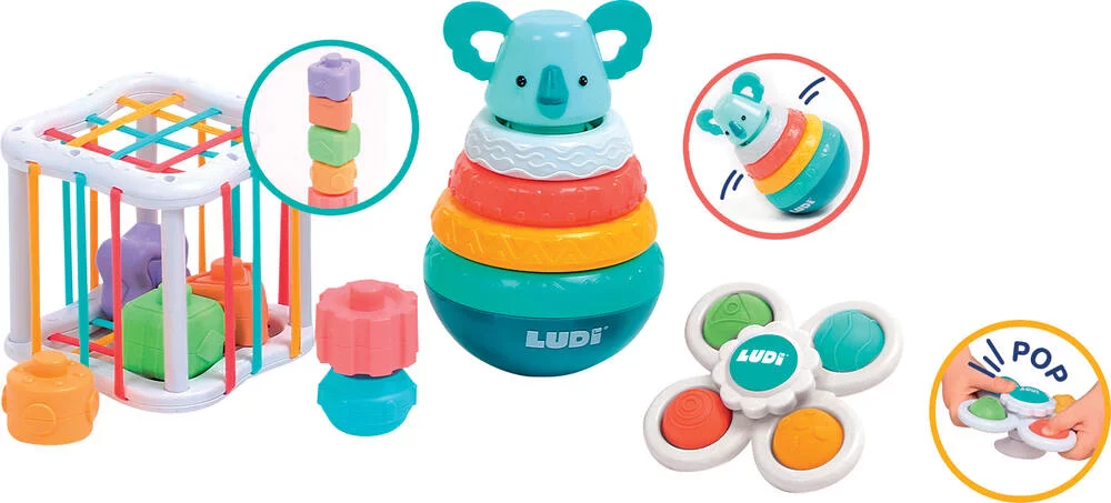 Brinquedos infantis coloridos, cubo de tecido, brinquedo empilhável coala, fidget spinner colorido com botões