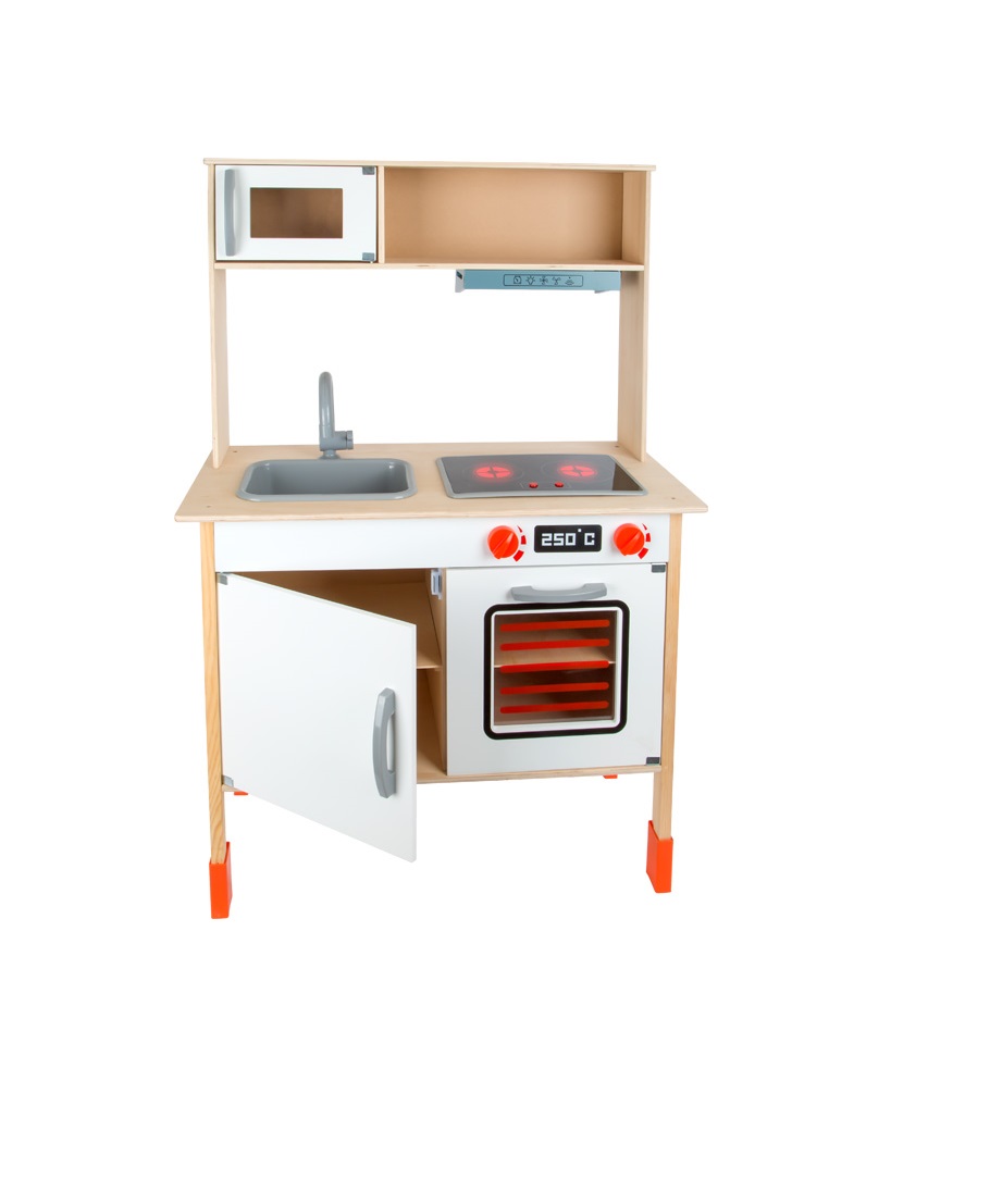 Cozinha de brincar em madeira com forno, placa de fogão e lava-loiça