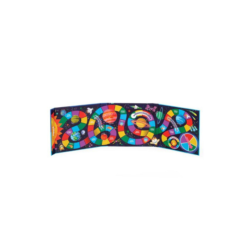 Tabuleiro de jogo colorido com caminho em espiral e ilustrações espaciais