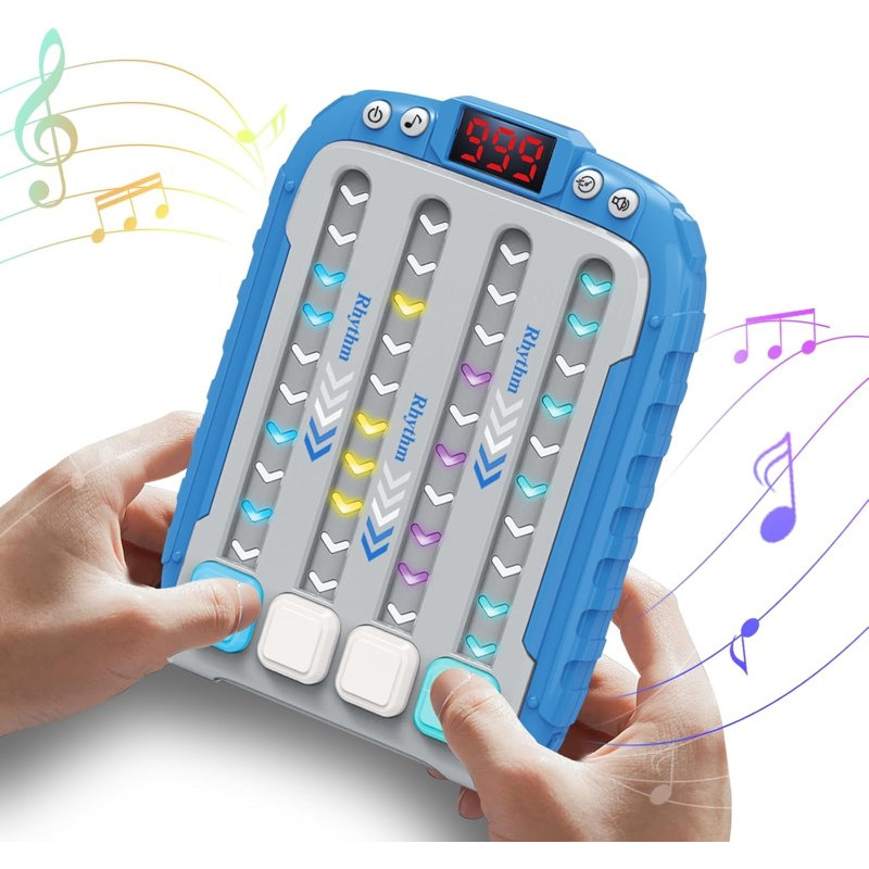 dispositivo eletrônico azul com colunas de setas coloridas e ecrã digital mostrando número 999