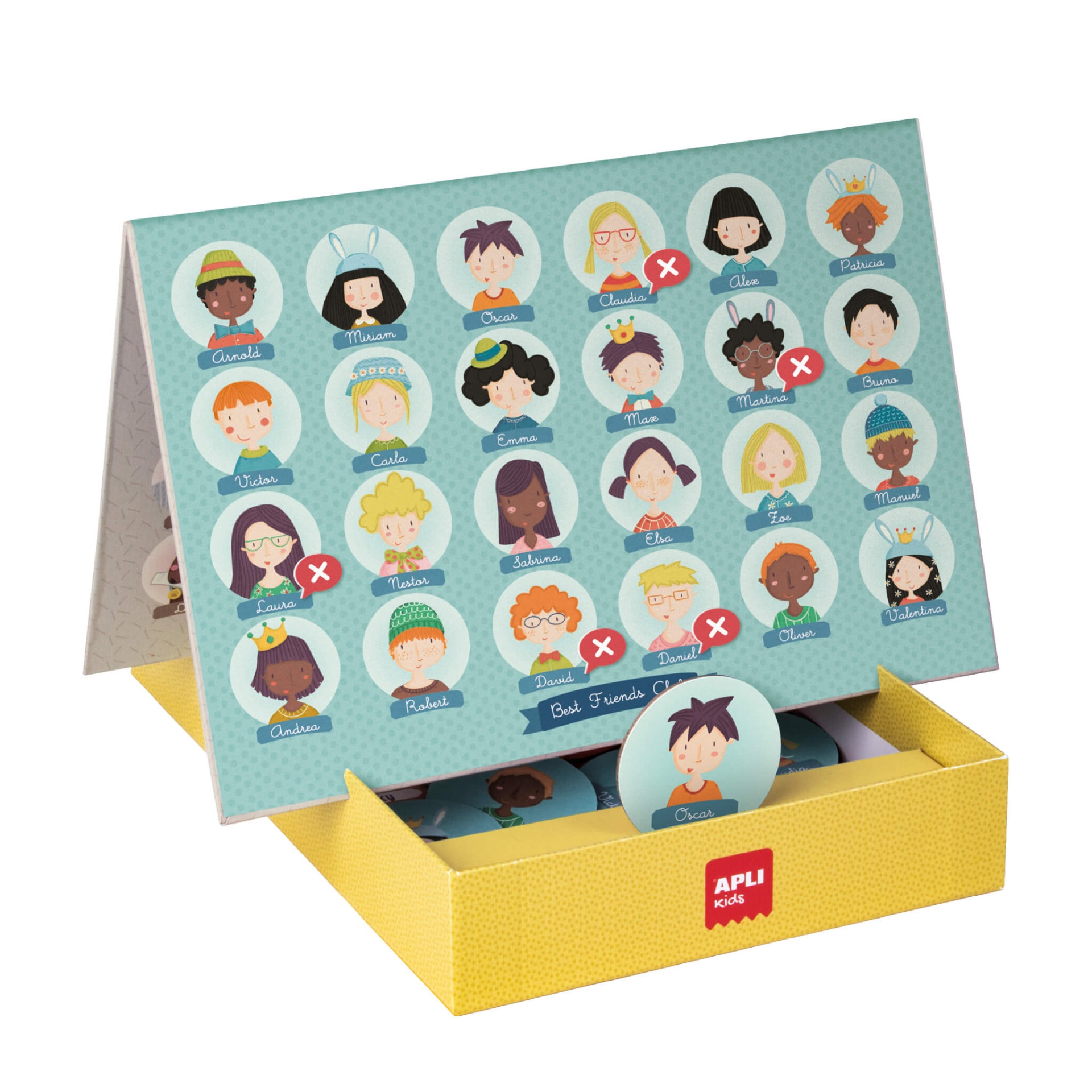 Jogo educativo APLI KIDS com ilustrações de crianças e nomes em cartão colorido