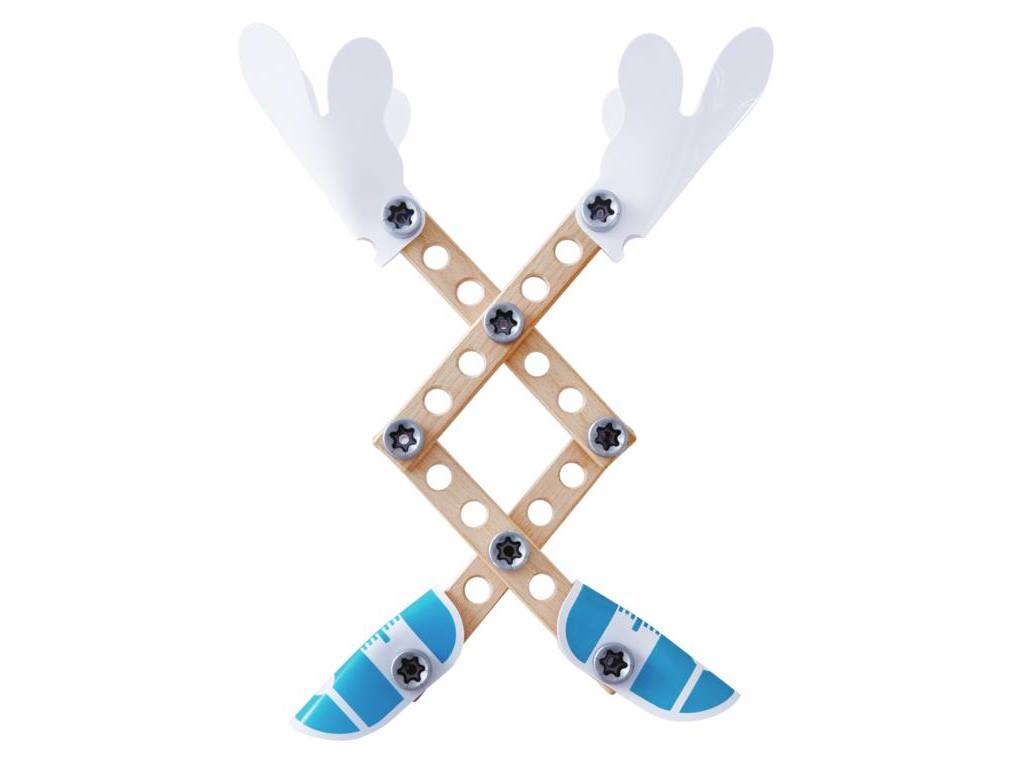 Produto de madeira e plástico com garras brancas e apêndices azuis.