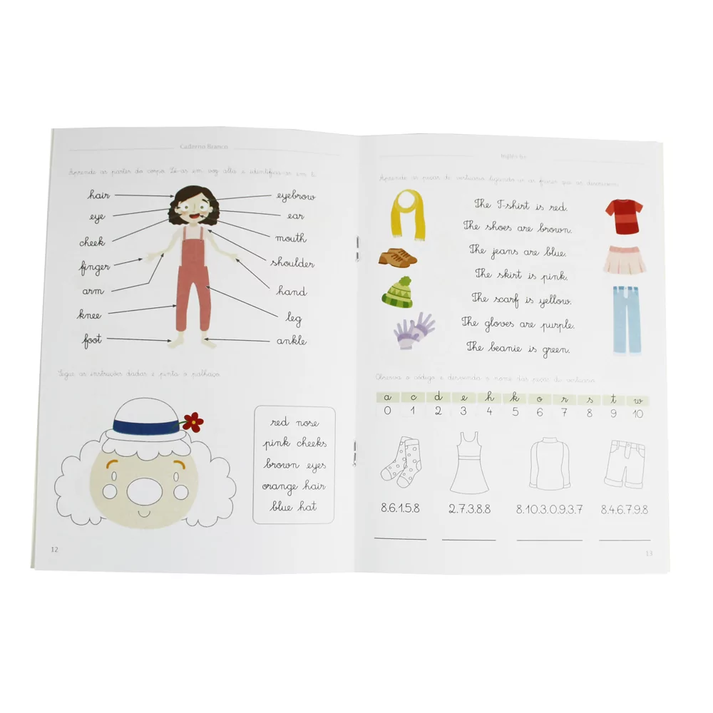 Livro infantil aberto com desenhos de menina e roupa, etiquetas e texto em inglês.