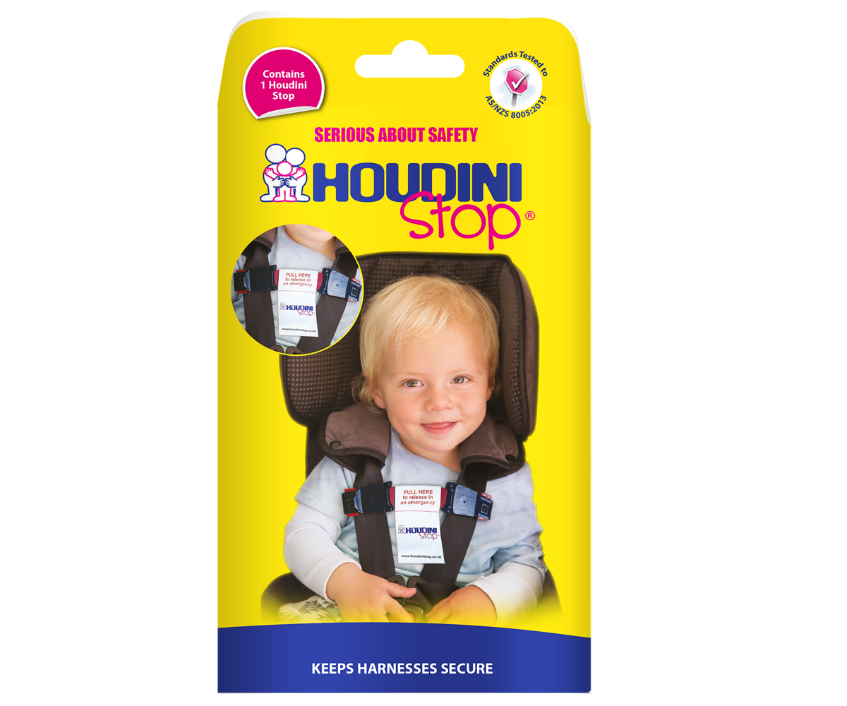 Embalagem amarela do produto Houdini Stop com foto de criança num arnês de segurança
