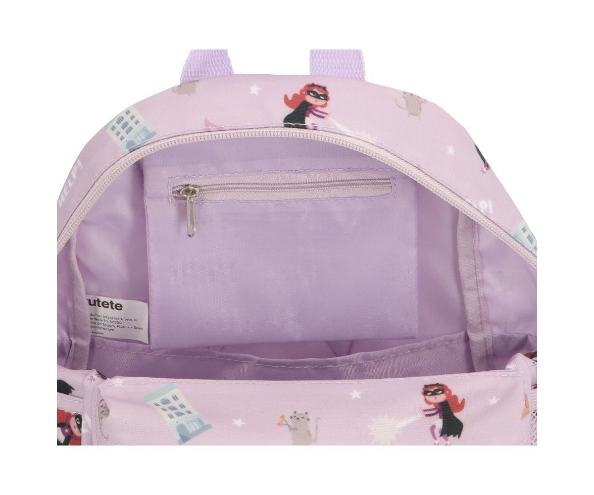 Mochila rosa claro com padrão e interior lilás com bolso zipado