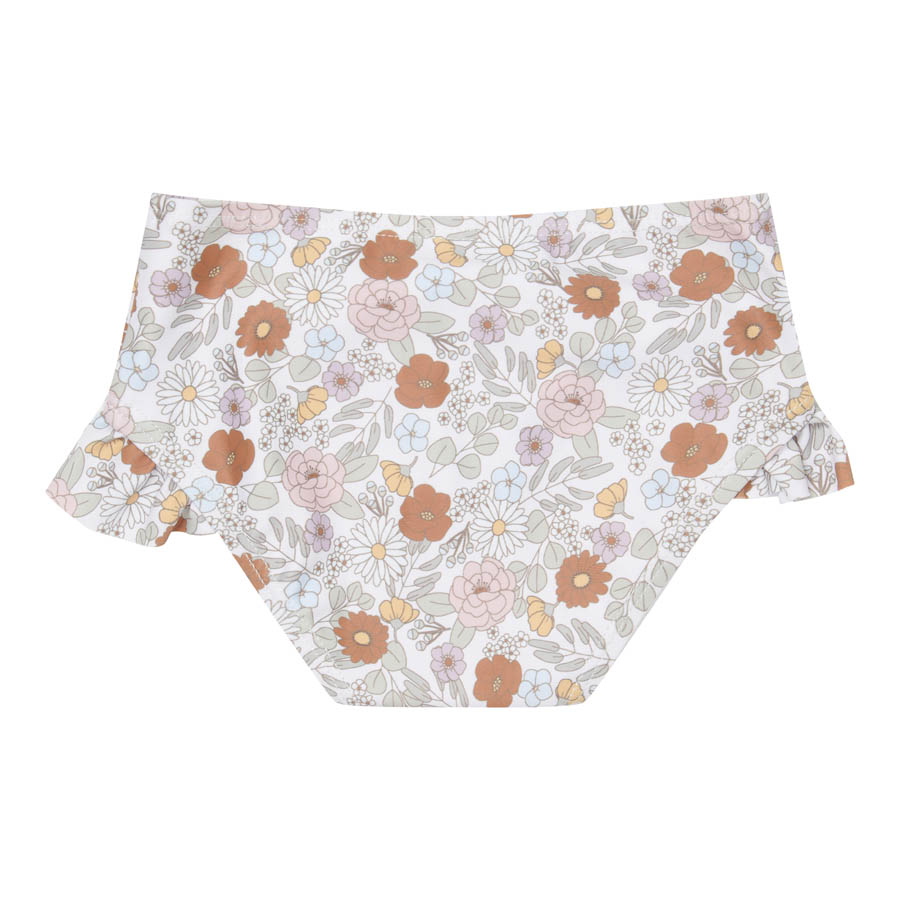 Cueca de criança com padrão floral colorido e folhos nas laterais