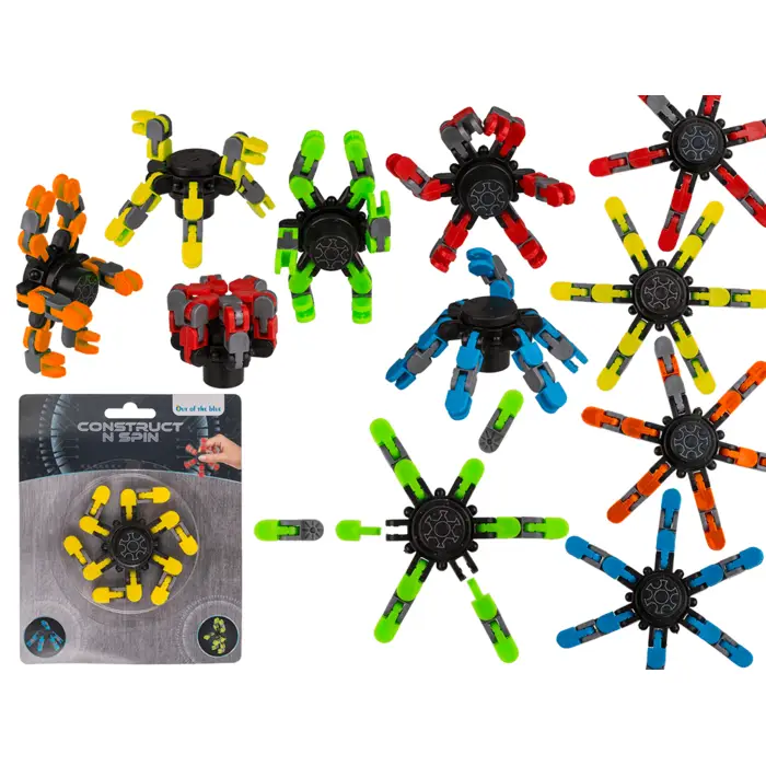 Brinquedos montáveis coloridos em forma de aranha e embalagem CONSTRUCT N SPIN.