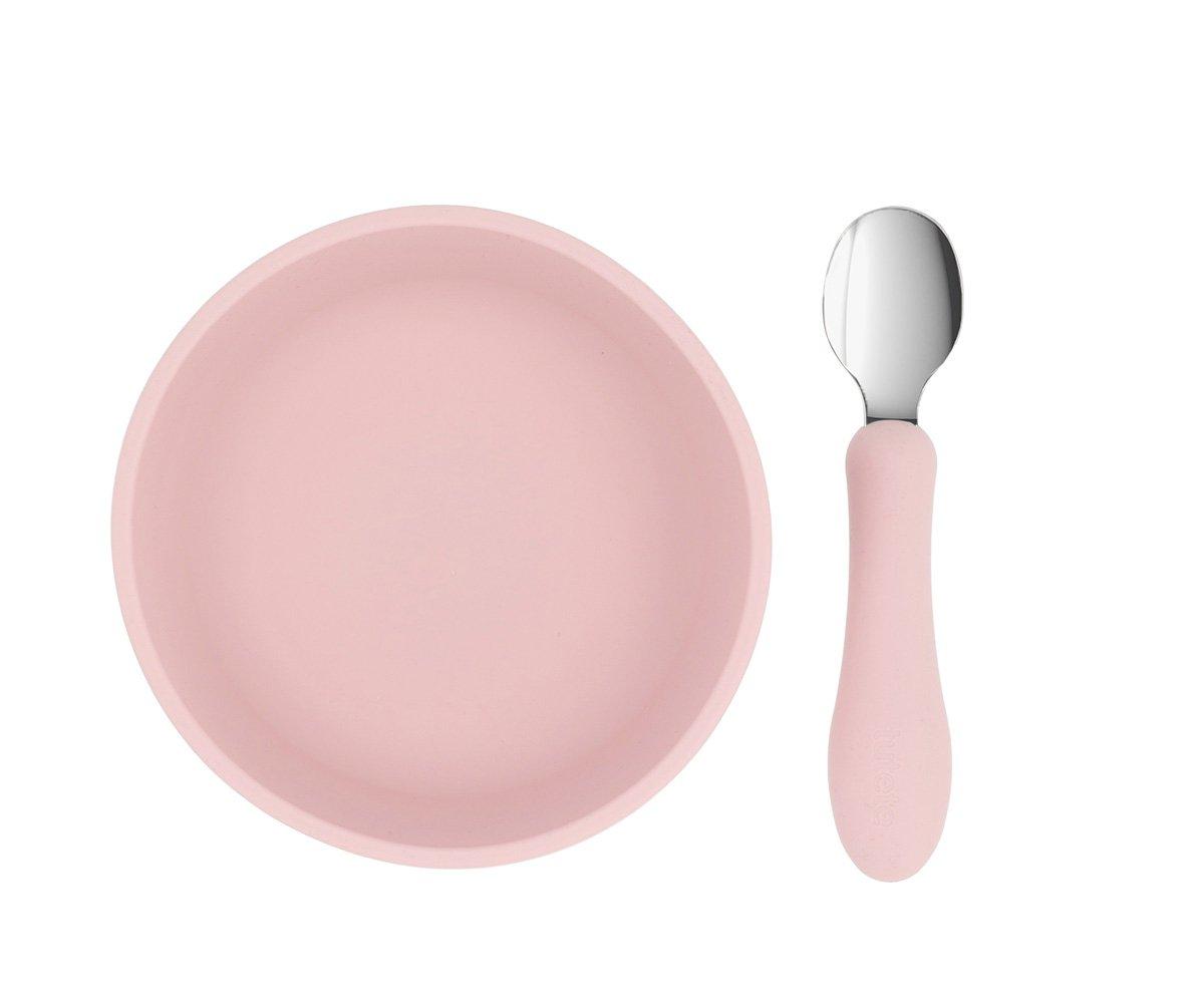 Prato cor-de-rosa com colher de bebé com cabo cor-de-rosa e ponta metálica