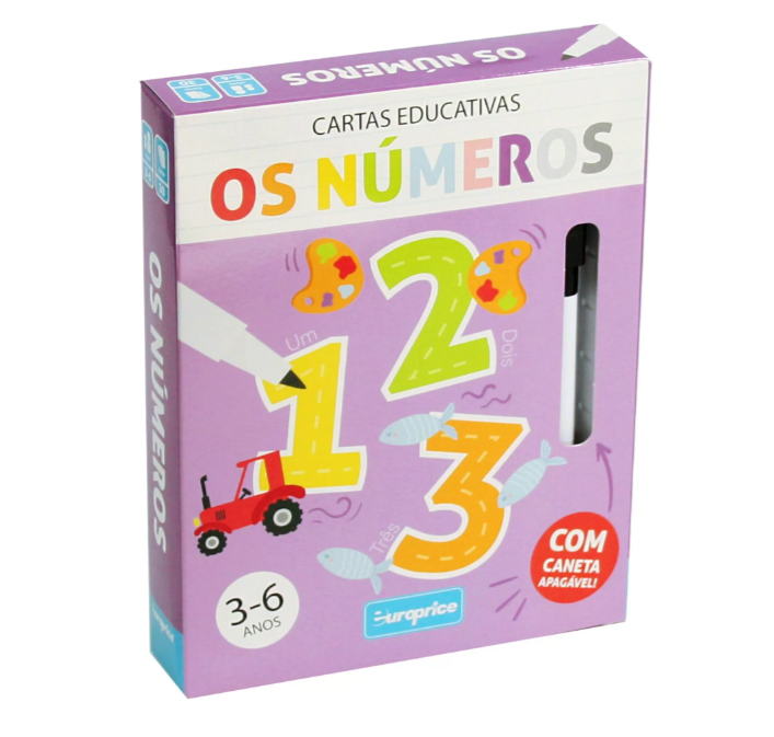 Caixa de cartas educativas 'Os Números' com caneta apagável e ilustrações coloridas