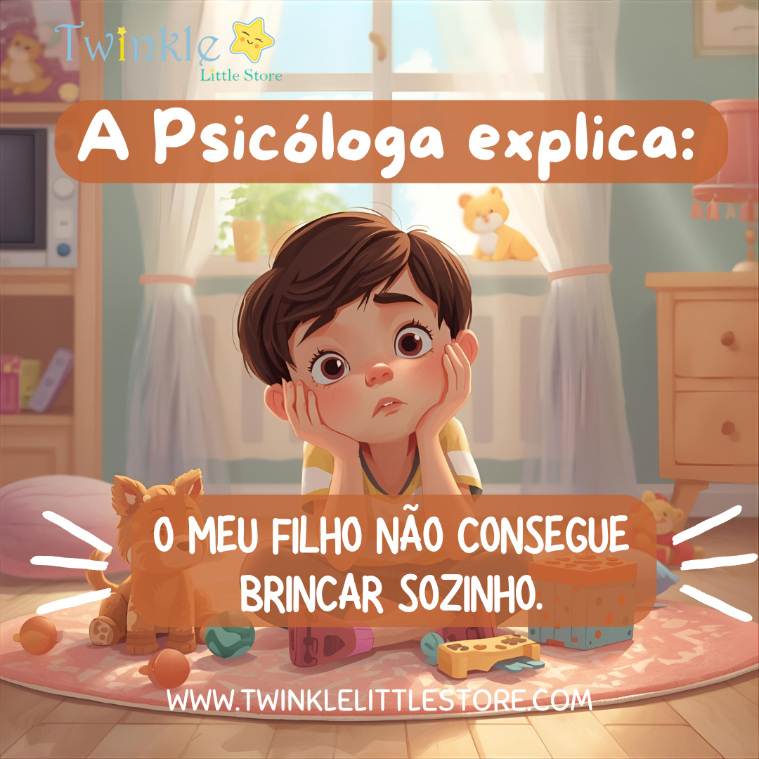 O Meu Filho Não Consegue Brincar Sozinho: Um Guia Para Pais Criança triste com brinquedos num quarto de criança e texto da psicóloga