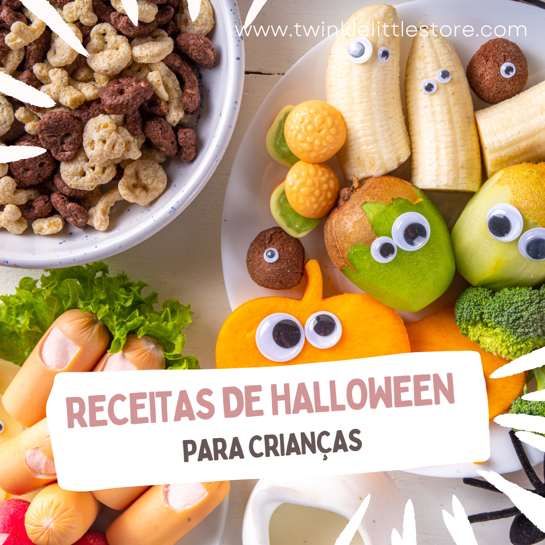 Receitas de Halloween para crianças Alimentos decorados para Halloween com olhos de plástico e cereais em tigela, cartaz com texto promocional