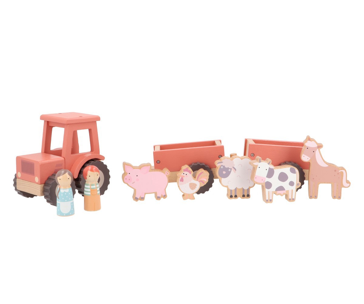 Brinquedo de madeira com trator rosa, figuras humanas e animais da quinta.