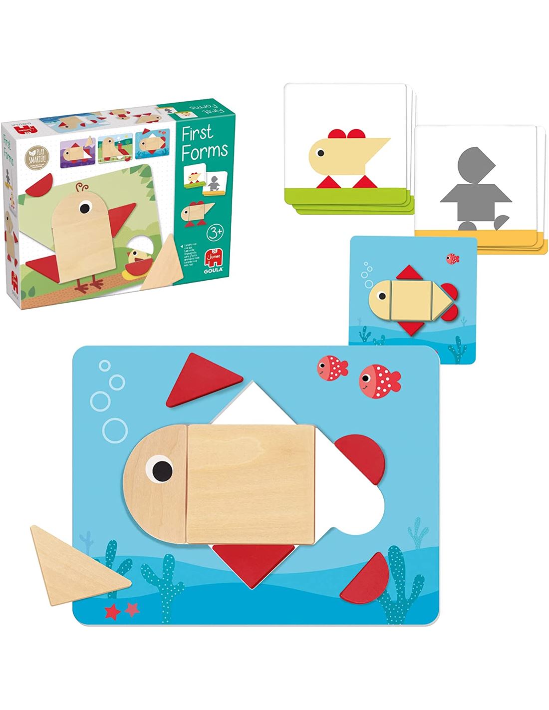 Jogo educativo de formas geométricas em madeira com peixe e peças vermelhas