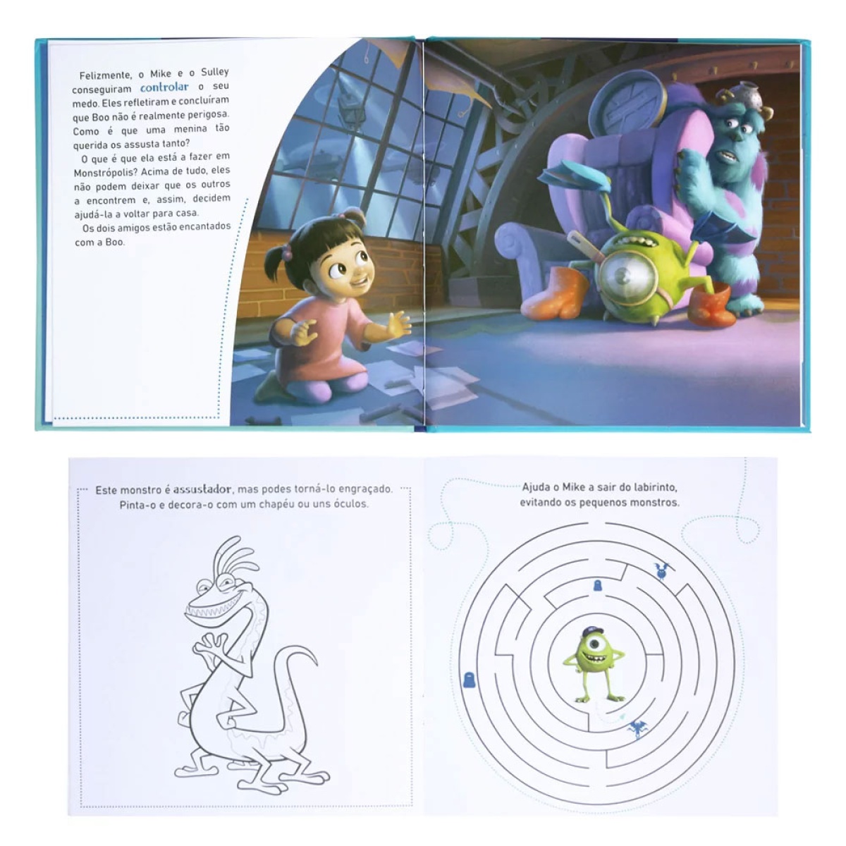 Página de livro infantil com desenhos coloridos de personagens de Monstros SA e atividades para colorir e labirinto