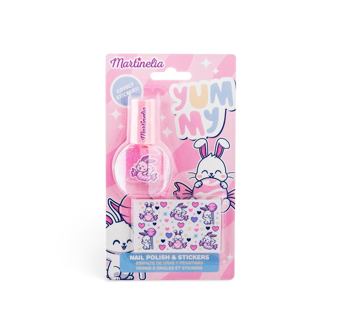 Conjunto de verniz de unhas e autocolantes cor-de-rosa com desenhos de coelhos